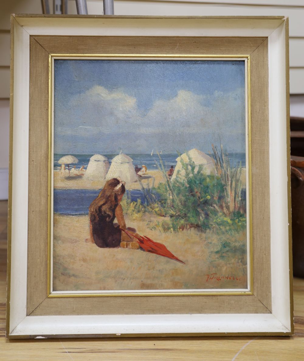 F. Jillanelli, oil on board, Girl seated on a beach, signed, 40 x 34cm